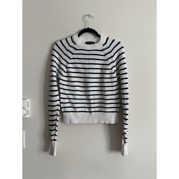 French Connection XS Striped Chunky Knit Minimalist Sweater Black White Preppy - Picture 1 of 8